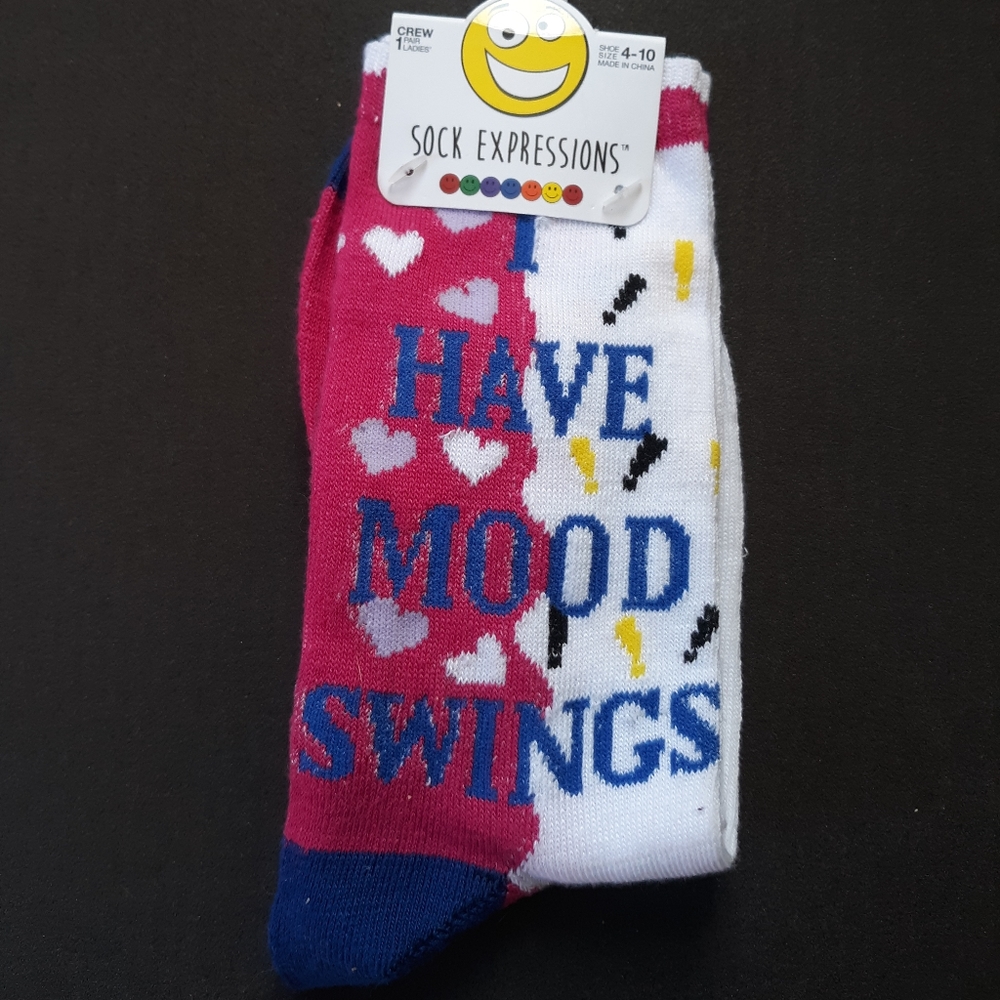 Sock Expressions pair of socks I Have Mood Swings pink yellow and blue